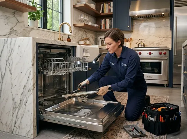 Appliance Repair Hero technician servicing a built-in dishwasher in a Appleton, WI kitchen