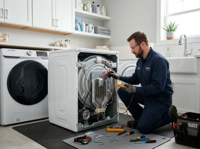 Appliance Repair Hero technician checking a dryer heating element with the rear panel off in Appleton, WI