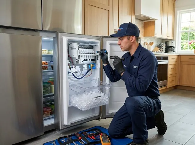 Appliance Repair Hero technician repairing a refrigerator ice maker in Appleton, WI