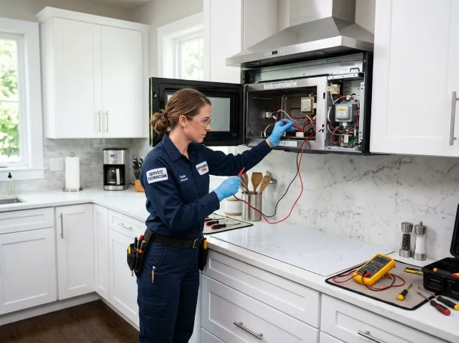 Appliance Repair Hero technician testing an over-the-range microwave in a Appleton, WI kitchen