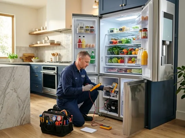 Appliance Repair Hero refrigerator technician testing a fridge on a Appleton, WI service call