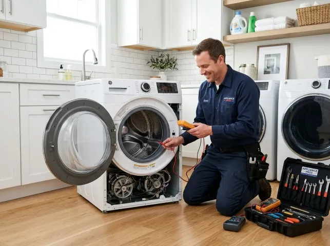 Appliance Repair Hero technician testing a front-load washer with a multimeter on a Appleton, WI service call